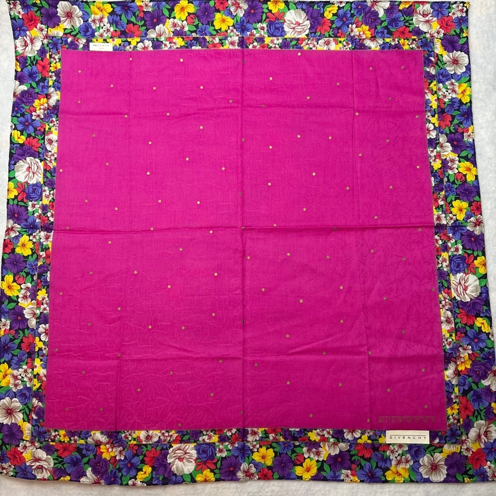 Vtg GIVENCHY Scarf Handkerchief Floral Polka Dot Cotton Pink Purple 18.5"